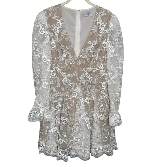 Helsi Dress Womens Medium White Lace Floral Fit Flare Long Sleeve Mini V Neck - Picture 3 of 14